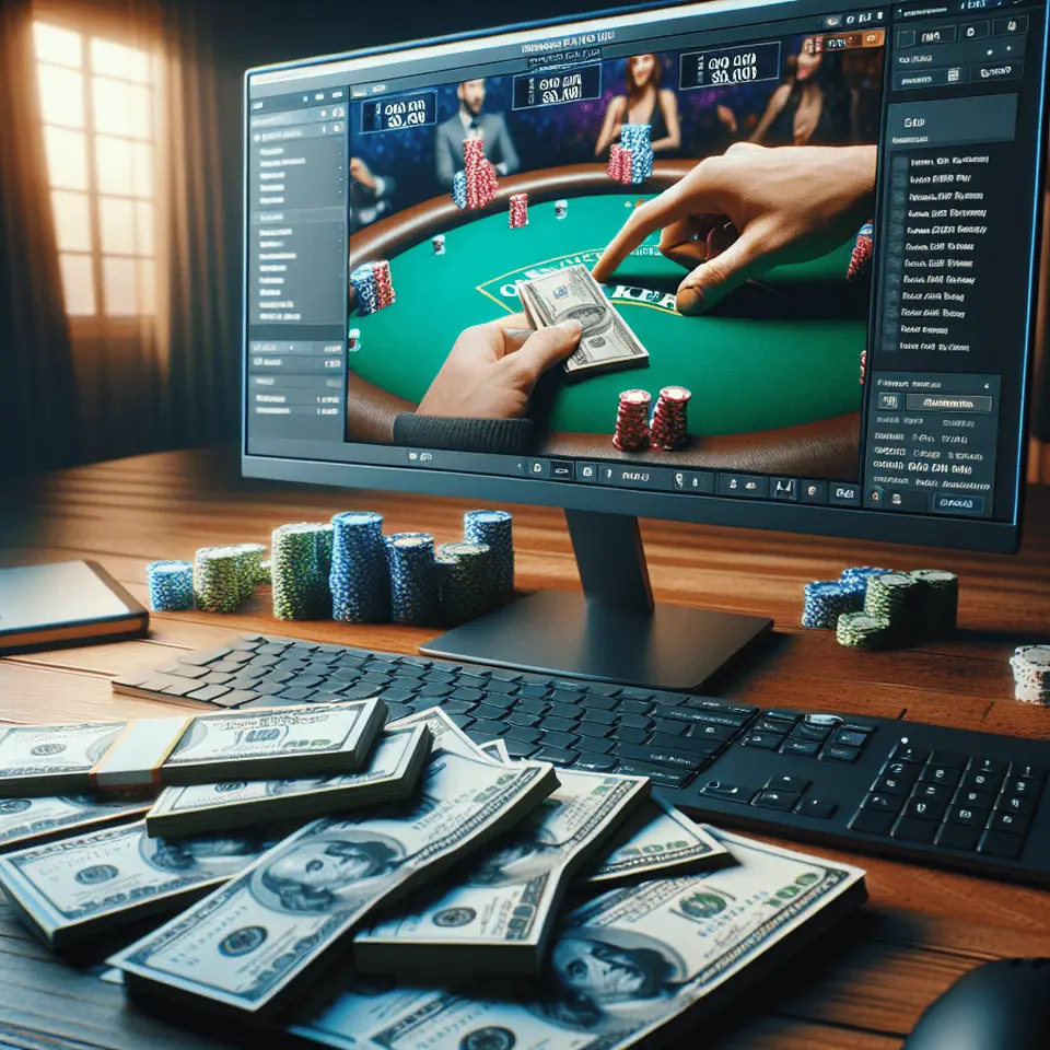Poker player reviewing hand history and bankroll stats on a laptop