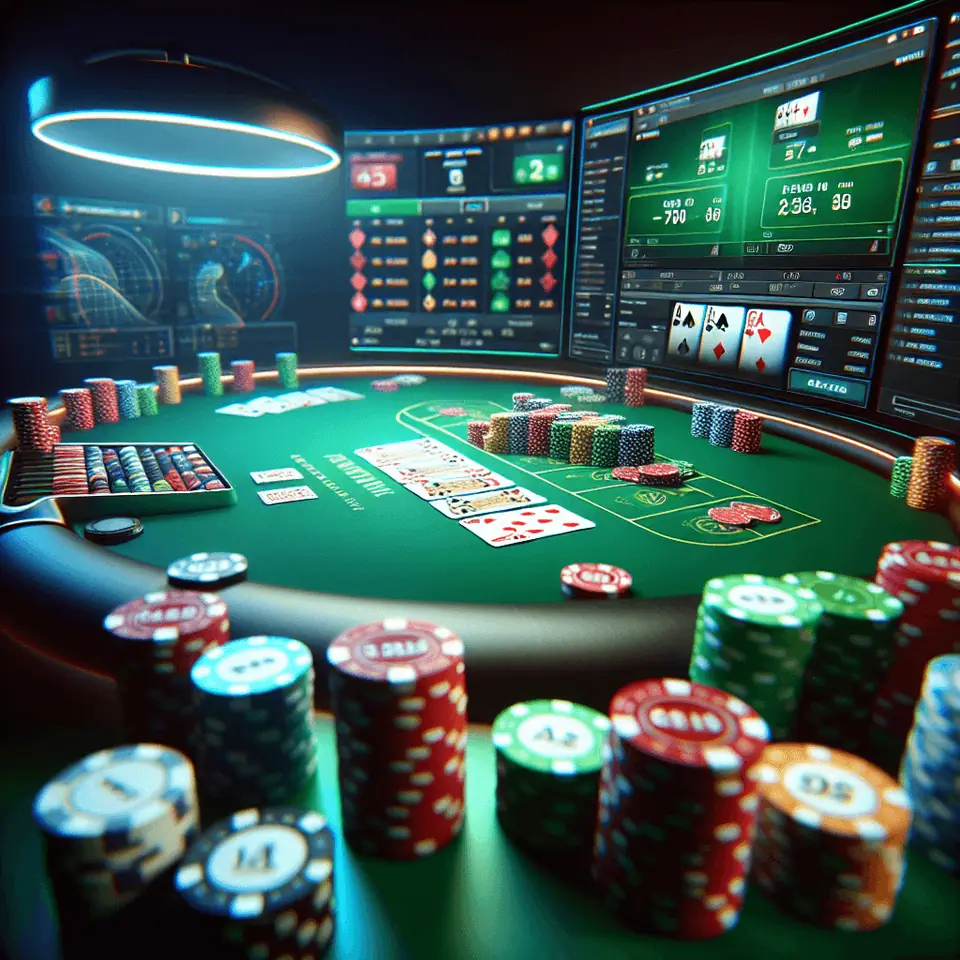 Online poker screen with betting history and player statistics panel