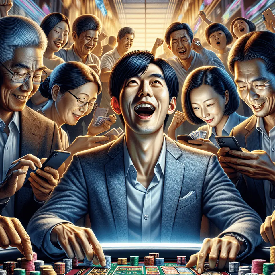 Smartphone showing Pocket-Gaming slots beside a Tokyo street at night