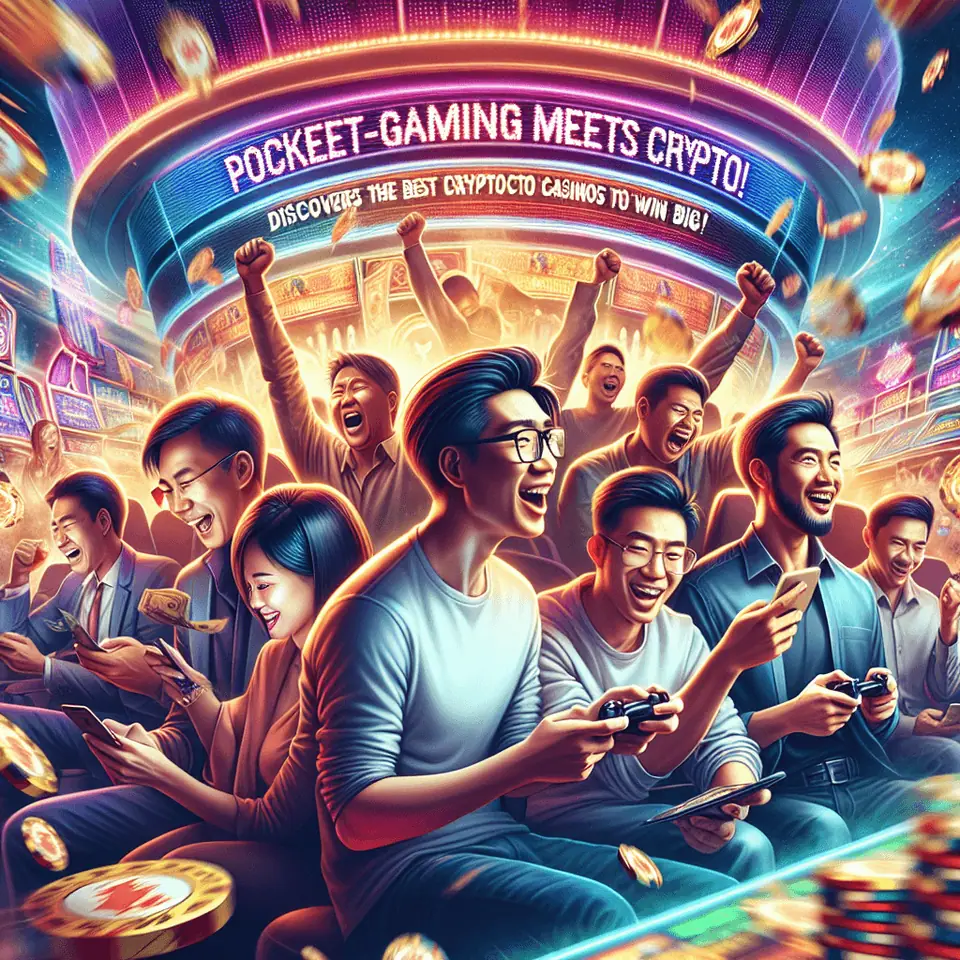 Pocket-Gaming slot on a phone beside Bitcoin and Ethereum coins