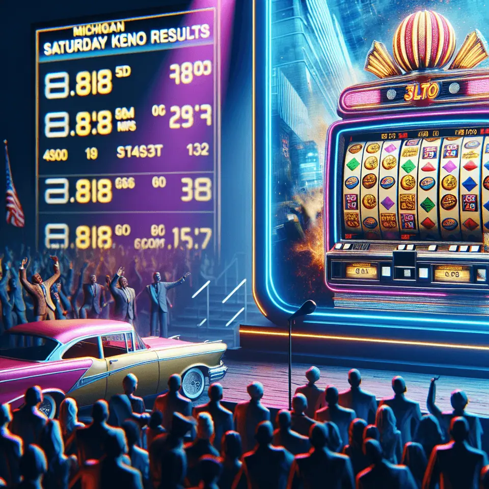 Saturday Michigan Keno results displayed on a phone next to a slot game