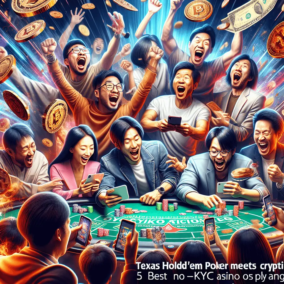 Texas Hold'em cards and chips beside Bitcoin coins on a poker table